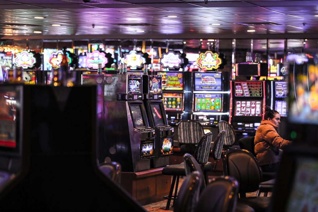 Slot machines in a room.

